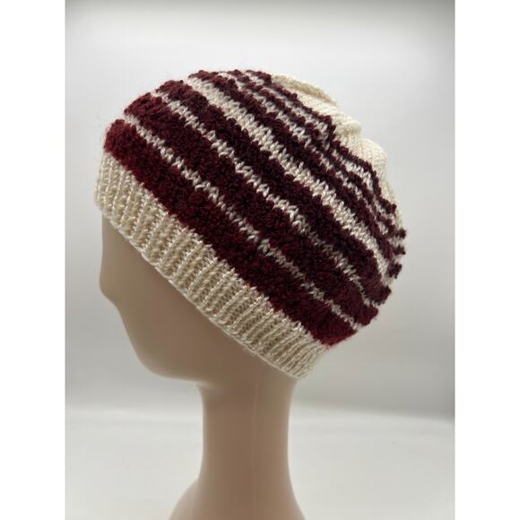 Knit Woven Wide Cream Burgundy Red Stripe Beanie Knit Hat Boho XS - Picture 3 of 8